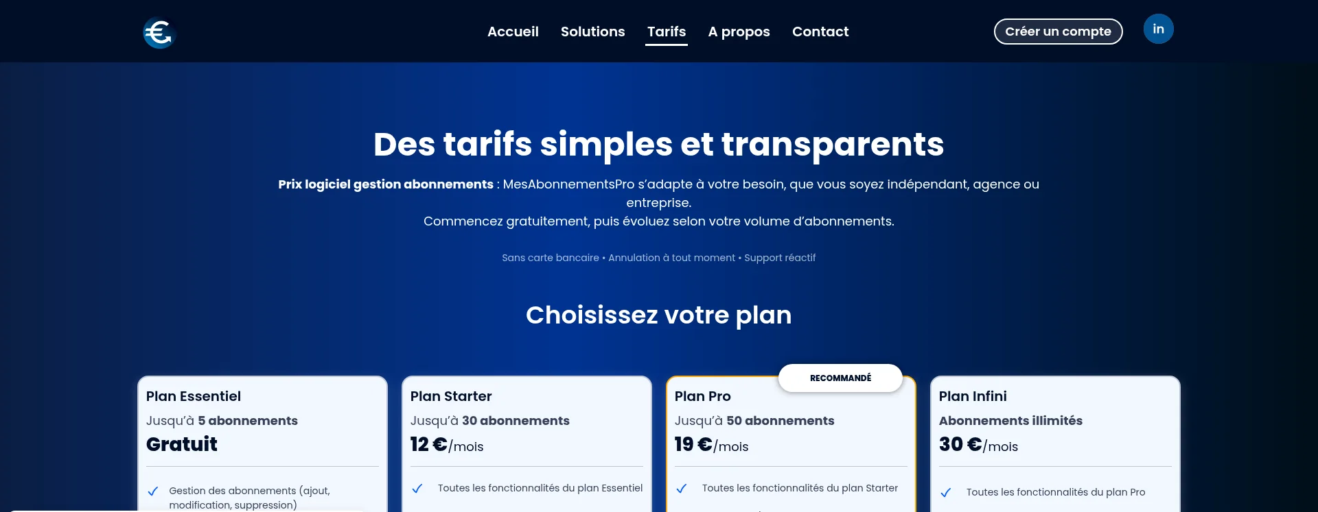 Aperçu de la page Tarifs de MesAbonnementsPro
