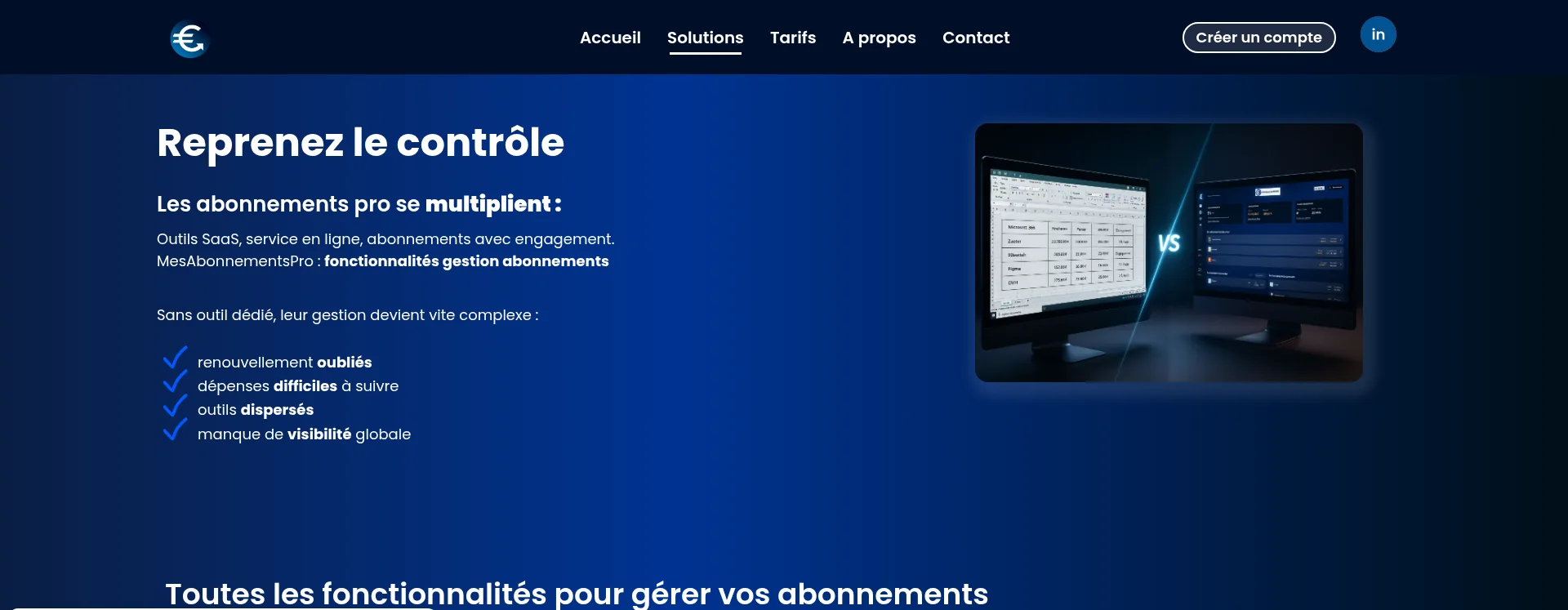 Aperçu de la page Fonctionnalités de MesAbonnementsPro