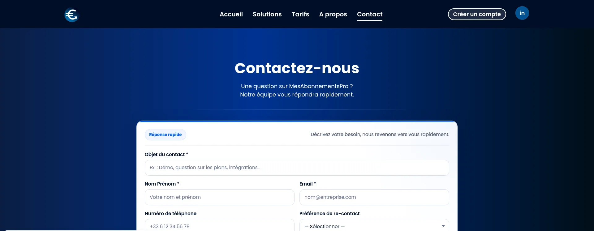 Aperçu de la page Contact de MesAbonnementsPro